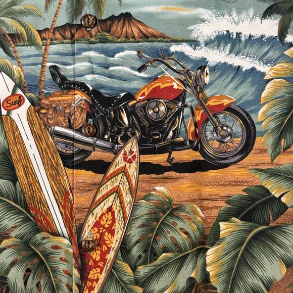 Ky’s Hawaiian Men’s L Aloha Shirt Surfboard Motorcycle Print Retro Cotton - Picture 5 of 8